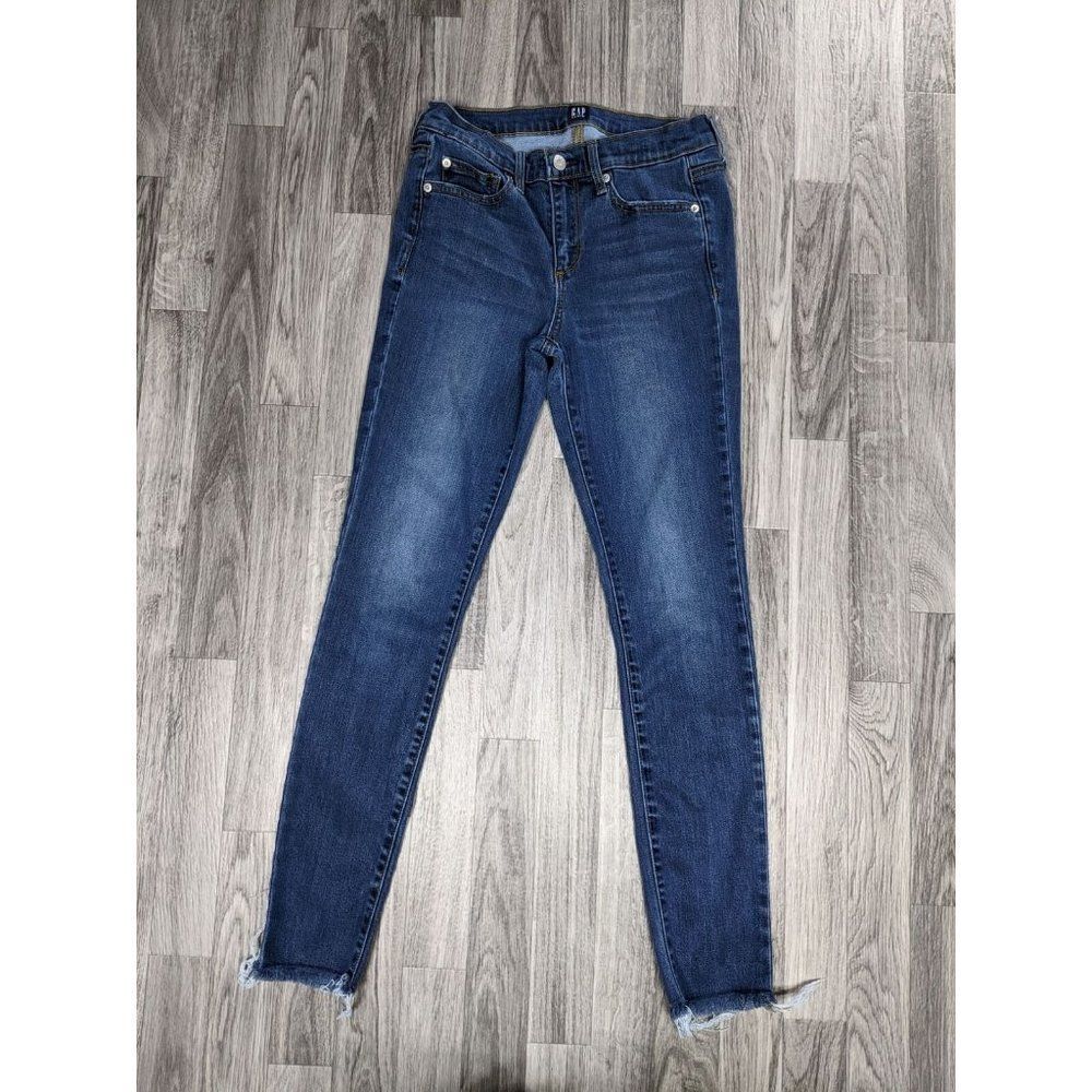 Gap Womens Size 27R True Skinny Fringe Hem Medium Wash Stretchy Denim Blue Jeans